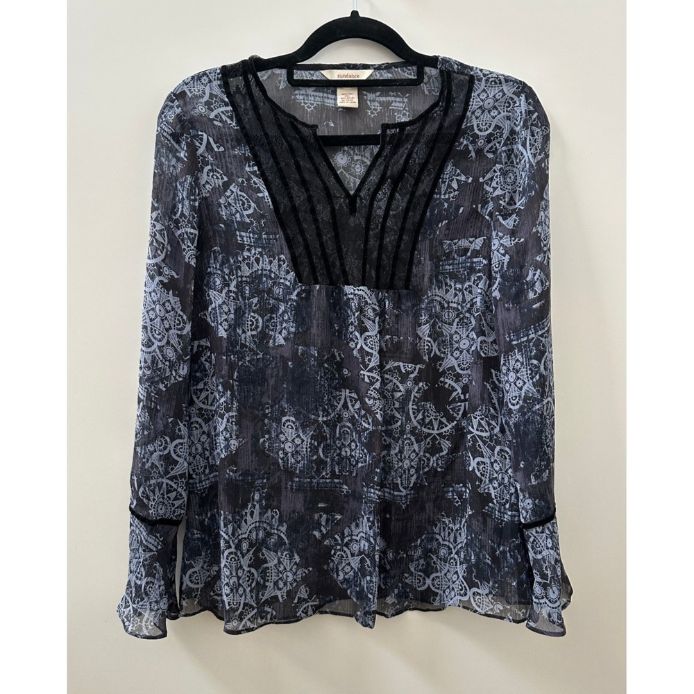 Sundance Silk Semi Sheer Blouse Velvet Trim Boho Print Top Blue Womens Size 4 - Picture 2 of 8